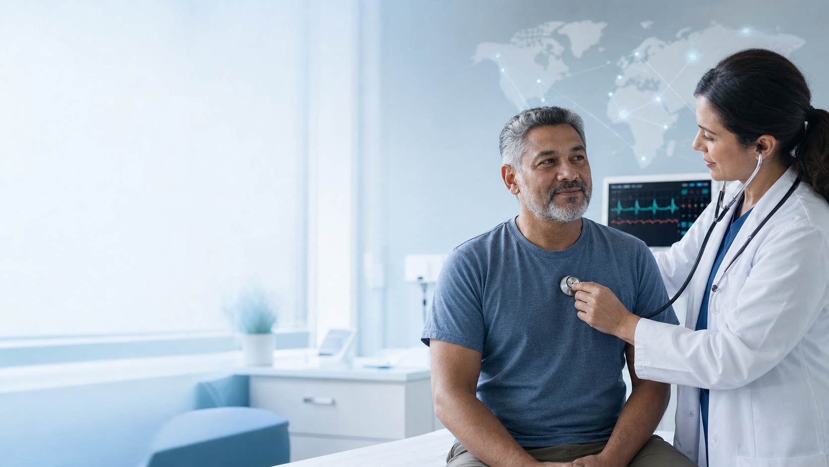 Profesional de salud realizando una valoración cardiovascular a un paciente